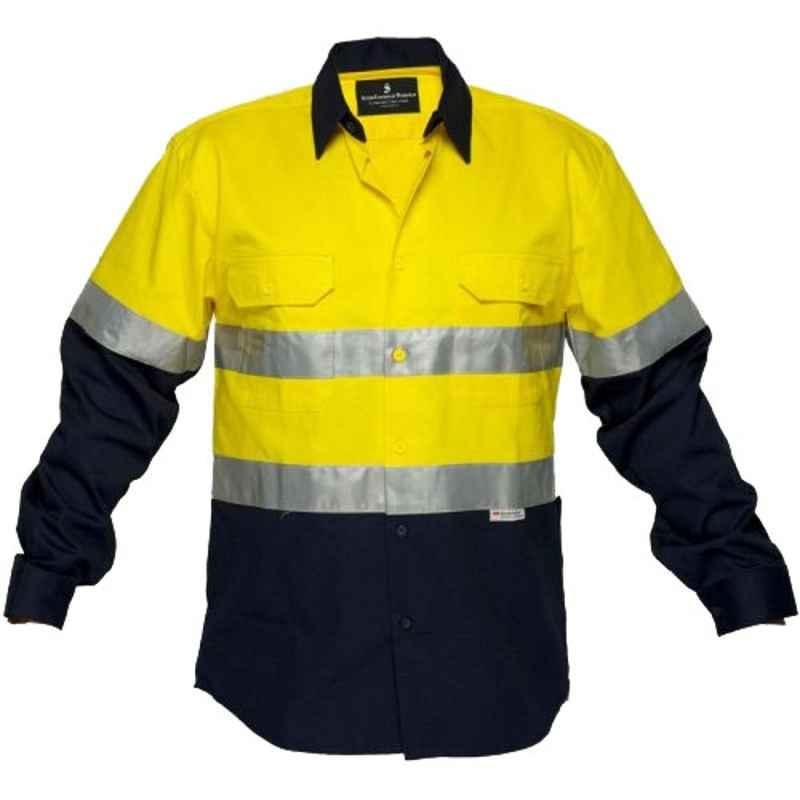 Superb Uniforms Cotton Yellow & Navy Full Sleeves High Visibility Work Shirt, SUW/YN/HVDS06-18, Size: L