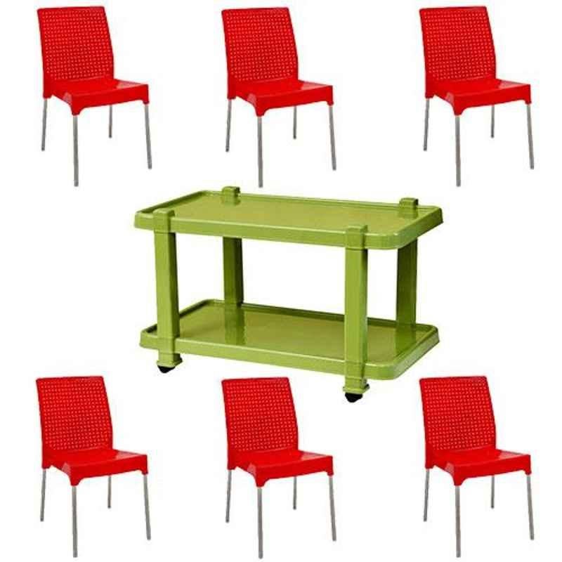 Italica 6 Pcs Polypropylene Red Plasteel without Arm Chair & Green Table with Wheels Set, 1206-6/9509