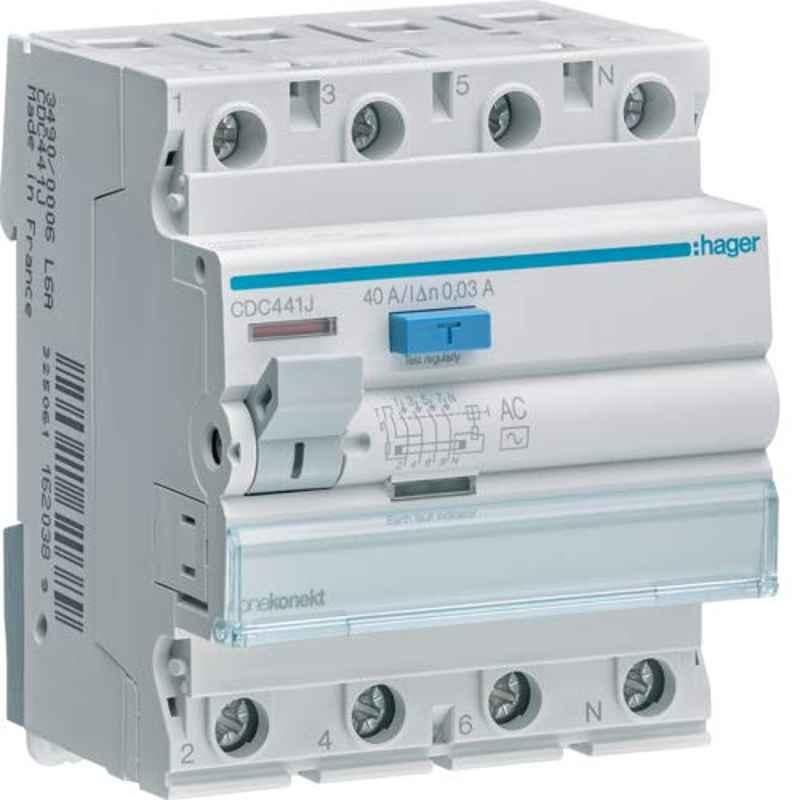 Hager 40A 30mA Four Pole Residual Current Circuit Breaker, CDC441J