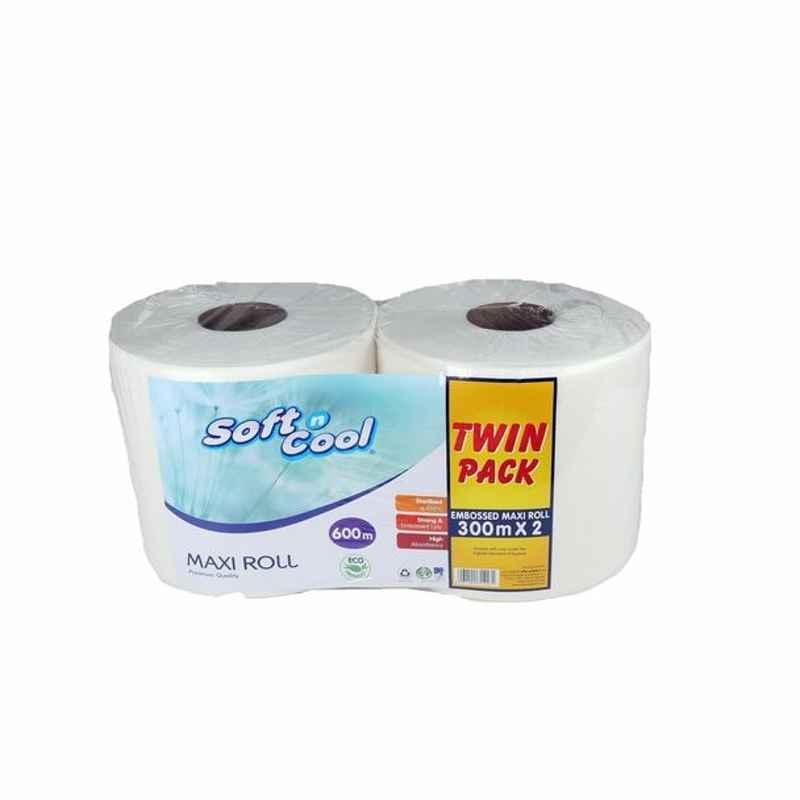 Hotpack Paper Maxi Roll, PASNcmR1WTP, Soft n Cool, 1 Ply, 300 m, White, Twin Pack