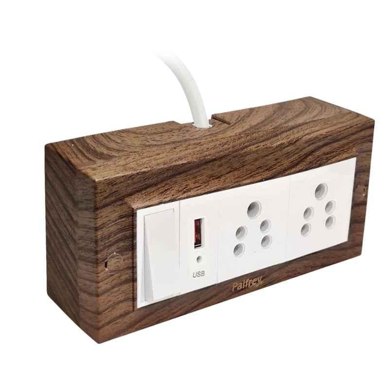 Palfrey 5A 2 Socket Wooden Texture Polycarbonate Extension Board with USB Socket, Master Switch & 10m Wire, WD 6510 USB