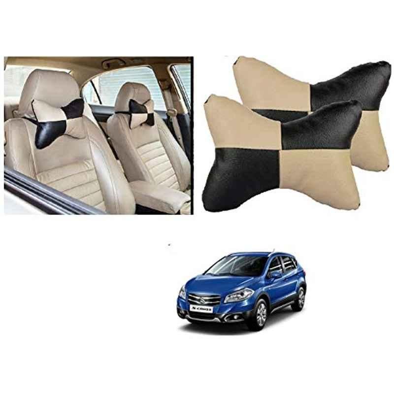 Kozdiko 2 Pcs Black & Beige Car Square Chess Design Neck Rest Seat Pillow Set for Maruti Suzuki S-Cross