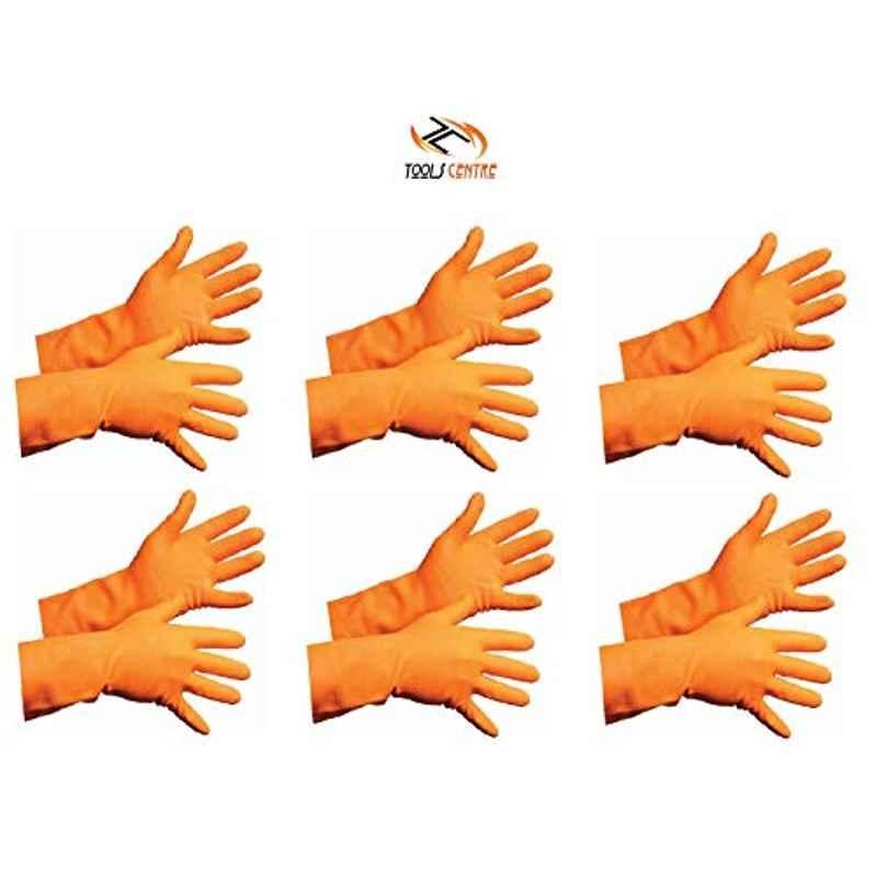 Krost Senstouch 6 Pairs Industrial Flocklined Rubber Gloves, Orange, Pack Of 6