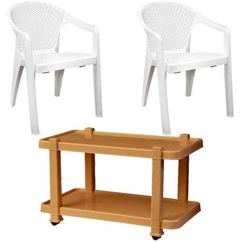 Italica 2 Pcs Polypropylene White Oxy Arm Chair & Marble Beige Table with Wheels Set, 5202-2/9509