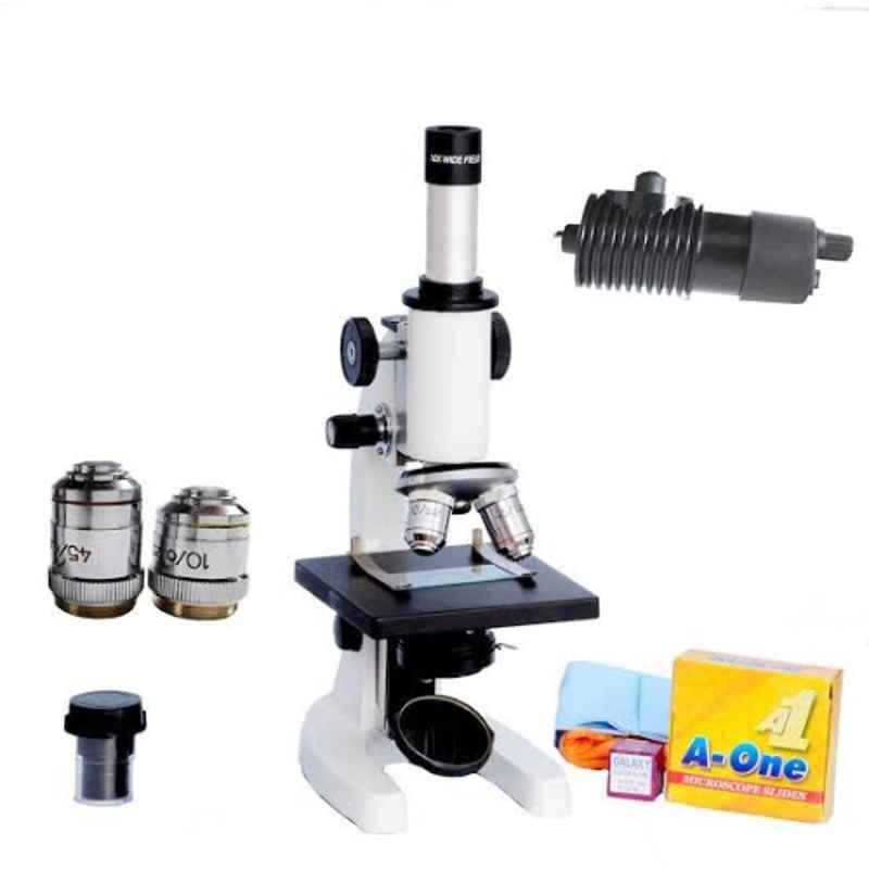 Labcare Export Metal White & Black 1000X Student Compound Microscope with LED Lamp Batteries & Blank Slide Kit, LB-SM72539