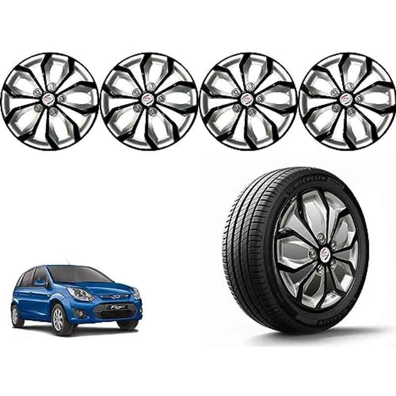 Auto Pearl 4 Pcs 14 inch Polypropylene Black & Silver Press Type Car Wheel Cover Set with Retention Ring for Ford Figo Type 2 2012-2014, 14WC_Pearl_Rev_FigoType2_2012_14