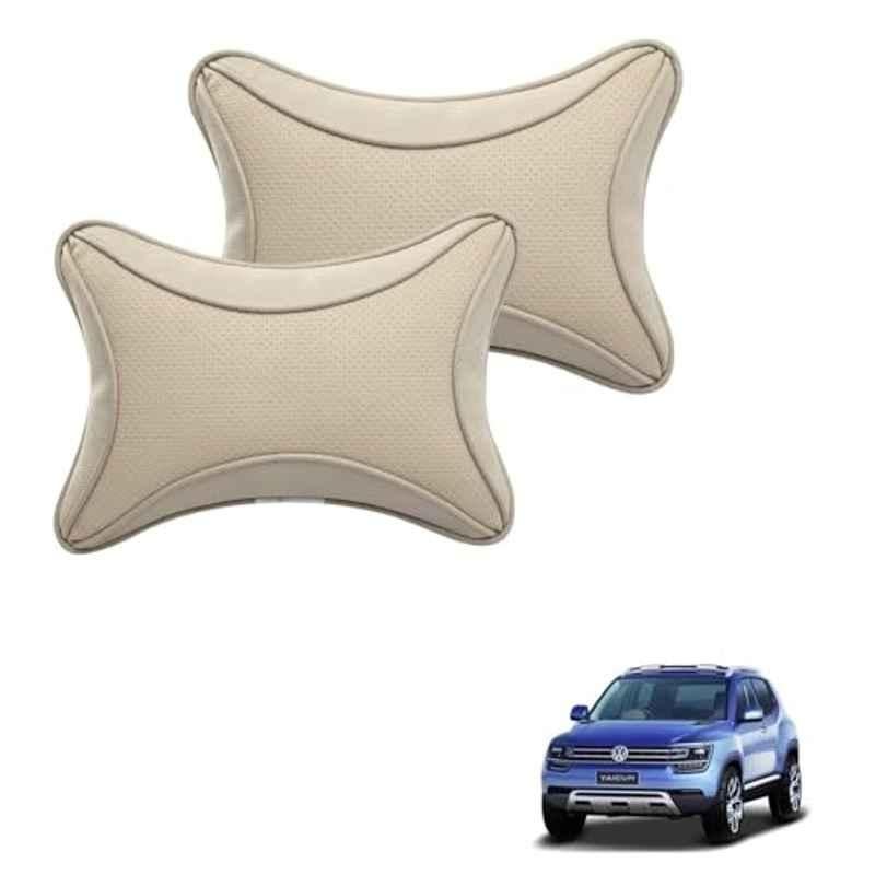Kozdiko 2 Pcs Memory Foam & Polyester Beige Dots Car Neck Rest Pillow Set for Volkswagen Taigun, XNVJVHGJFH249