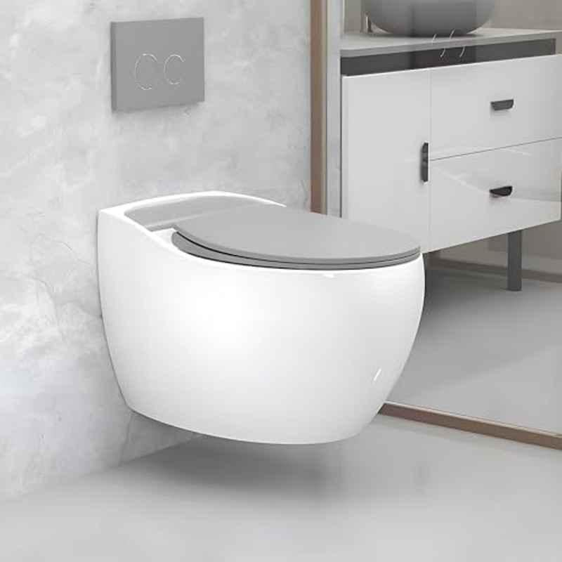 Plantex Ceramic White & Grey Glossy Finish Rimless Commode with Soft Closing Seat Cover, 1183