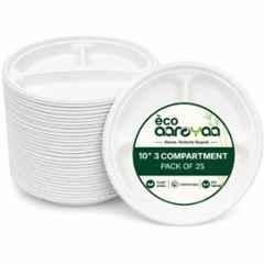 Eco Aaroyaa 10 inch Bagasse Round Disposable Plates with 3 Compartment (Pack of 25)