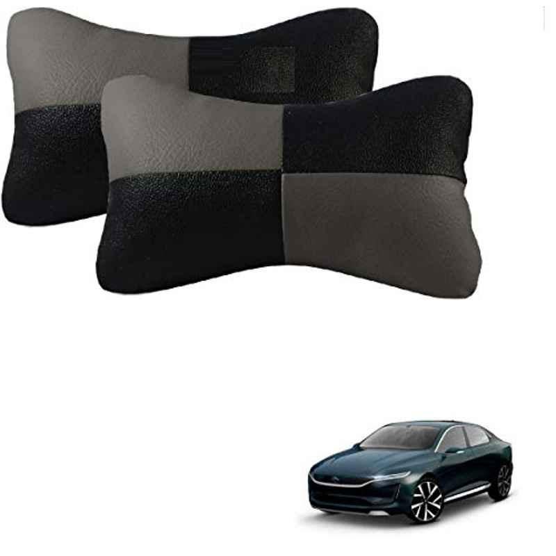 Kozdiko 2 Pcs Leather Grey & Black Neck Rest Car Cushion Pillow Set for Tata Evision