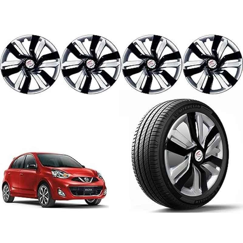 Auto Pearl 4 Pcs 14 inch Polypropylene Black & Silver Press Type Car Wheel Cover Set with Retention Ring for Nissan Micra 2015, 14WC_Idtec_Rev_Micra2015model