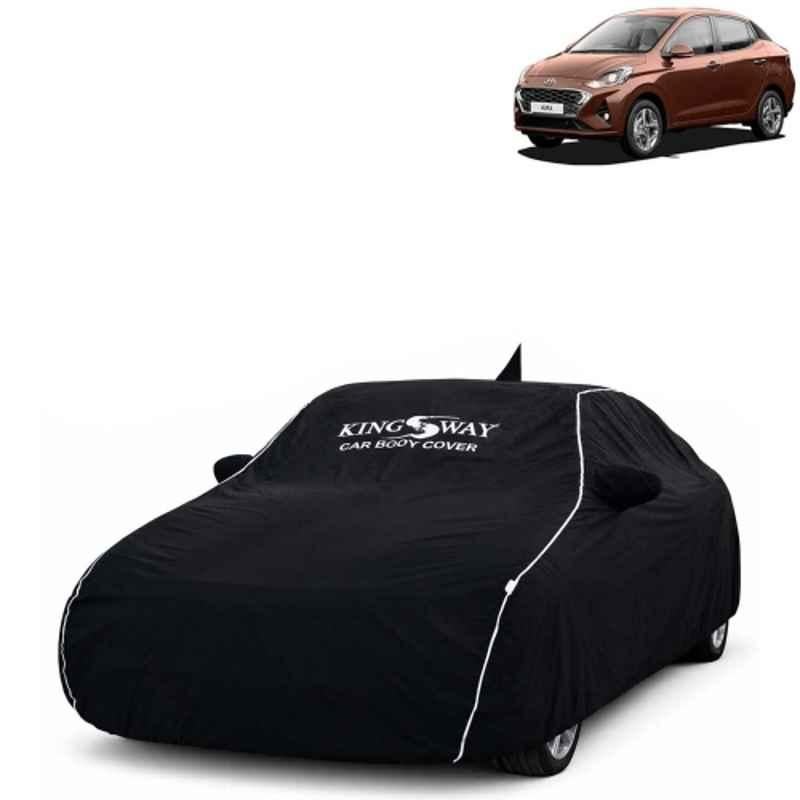 Kingsway Super Waterproof All Weather Protection Polypropylene Black Car Cover for Hyundai Aura 2020 to 2022 with Silver Piping, Mirror & Antenna Pockets