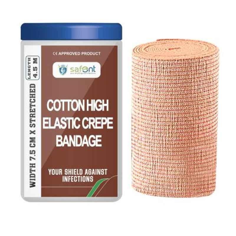 Safent 3 inch 7.5cmx4.5m Cotton High Elastic Crepe Bandages, SAFE0058 (Pack of 6)