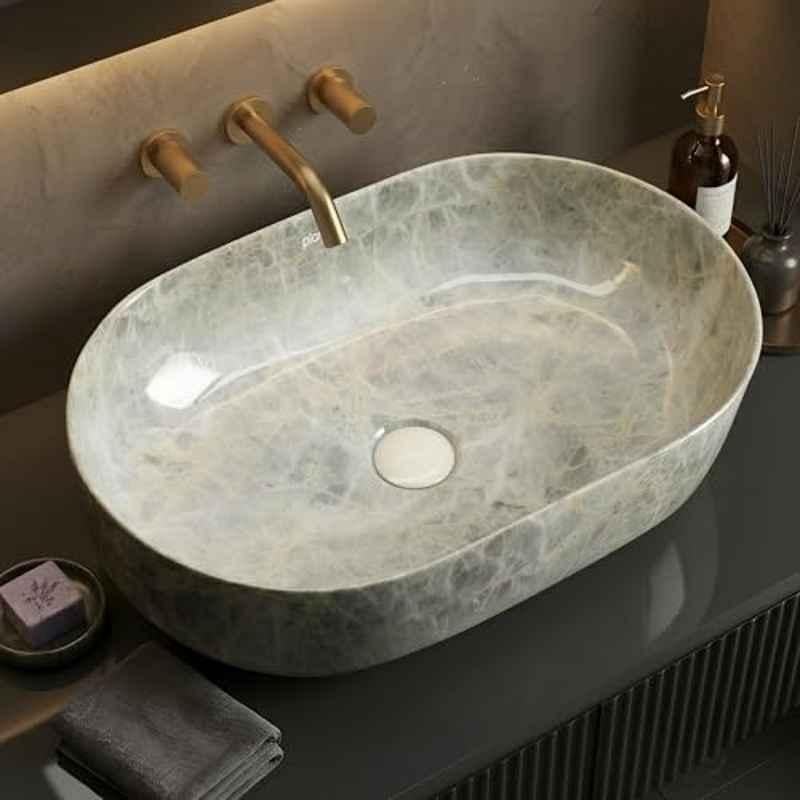 Plantex 22x13.5x 6 inch Ceramic Tabletop Wash Basin for Bathroom/Designer Hand Wash Sink/Oval Countertop Wash Basin- APS-MS-2225-OVAL-MARBL-TT-BASIN