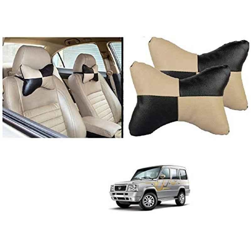 Kozdiko 2 Pcs Black & Beige Square Chess Design Car Neck Rest Pillow Set for Tata Sumo