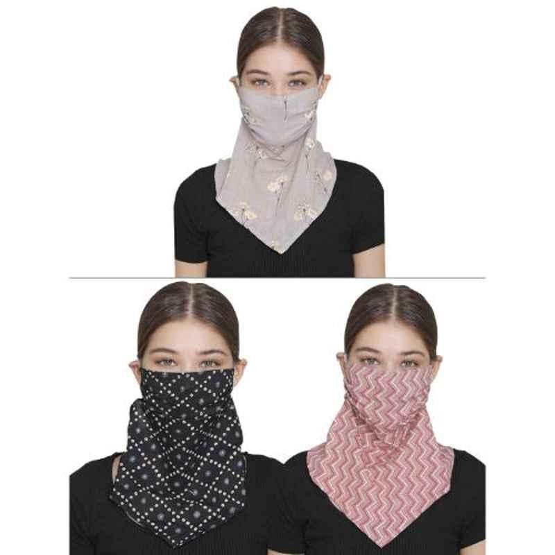 Clovia MASK35P99 2 Ply Washable Printed Scarf Fit Black, Grey & Pink Face Mask (Pack of 3)