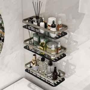 Plantex Self Adhesive Bathroom Shelf for Wall/Stainless Steel Rack with Aluminium Railing & Magic Stickers/Bathroom Organiser - Pack of 3 (12x5 inches, Satin & Black)