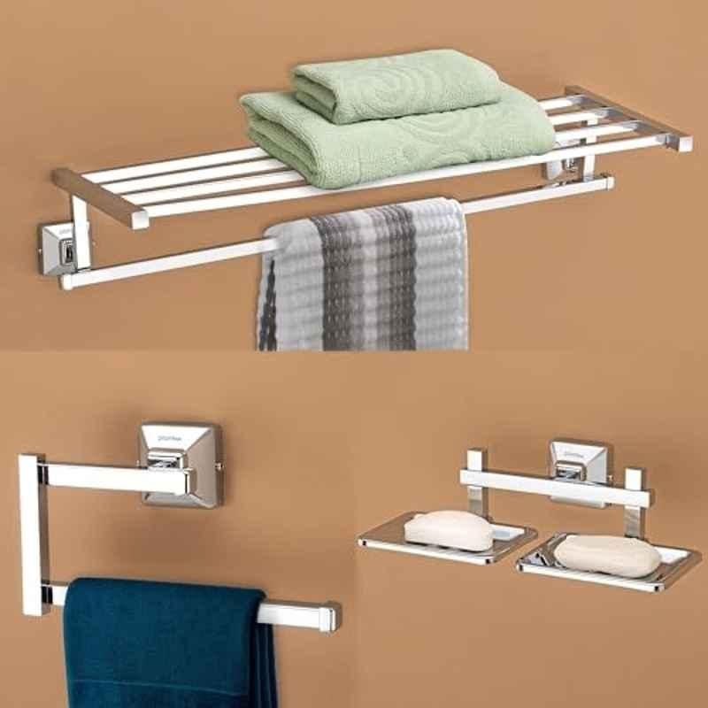 Plantex 3 Pcs Squaro Stainless Steel Silver Chrome Finish Bathroom Accessories Set