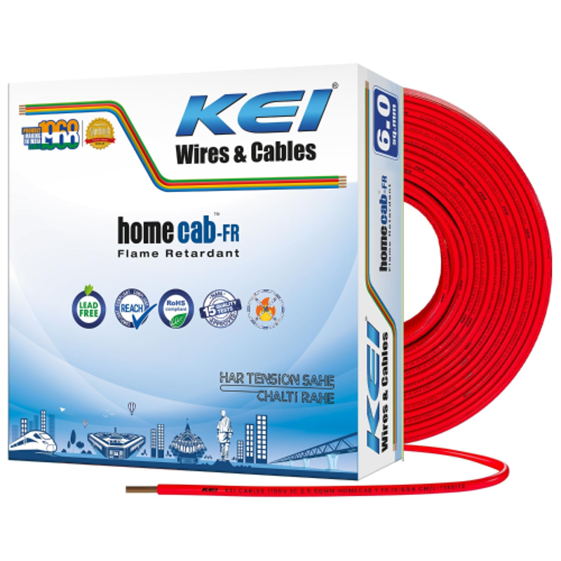 KEI Homecab 6 Sqmm 1 Core 99.97% Pure Copper Conductor FR PVC Insulated Cable for Domestic & Commercial Electrical Wiring (Red, 90 Meters)