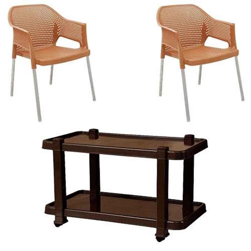 Italica 2 Pcs Polypropylene Camel Plasteel Arm Chair & Nut Brown Table with Wheels Set, 1209-2/9509