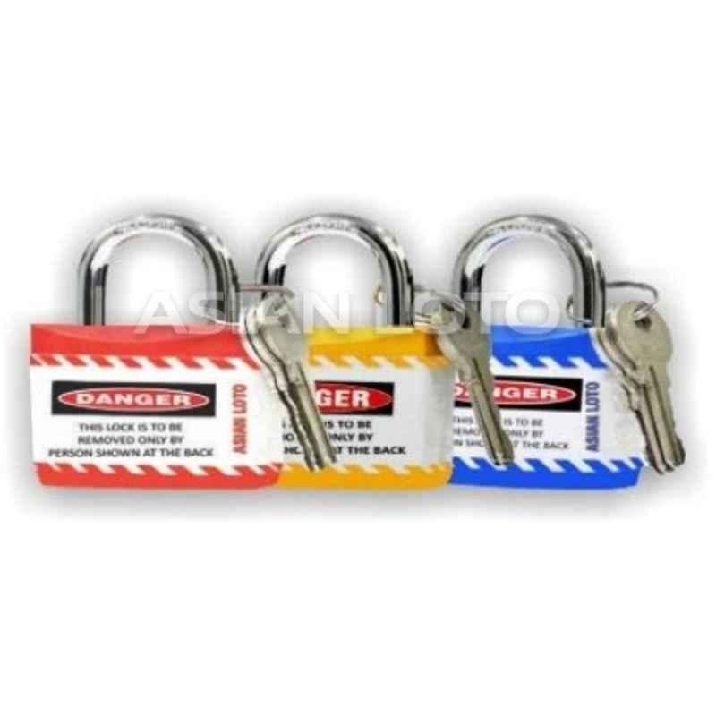 Asian Loto 3 Pcs Metal & Plastic Red, Yellow & Blue Regular Shackle Jacket Padlock Set with 3 Keys, ALC-LPR
