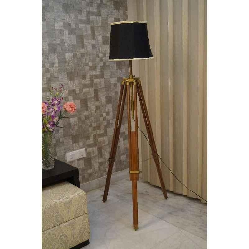 Tucasa Mango Wood Brown Tripod Floor Lamp with Polycotton Black Shade, P-80