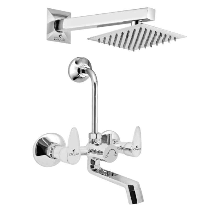 Cliquin Cora Elite Brass Chrome Wall Mounted Wall Mixer with 6x6 inch Stainless Steel Overhead Shower Set, 190mm Bend Pipe & Adjustable Legs