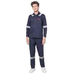 French Terrain 200 GSM 100% Cotton Navy Blue Industrial Work Wear Jacket & Pant Set with Reflective Tape for Men, Size: XL (42 cm)