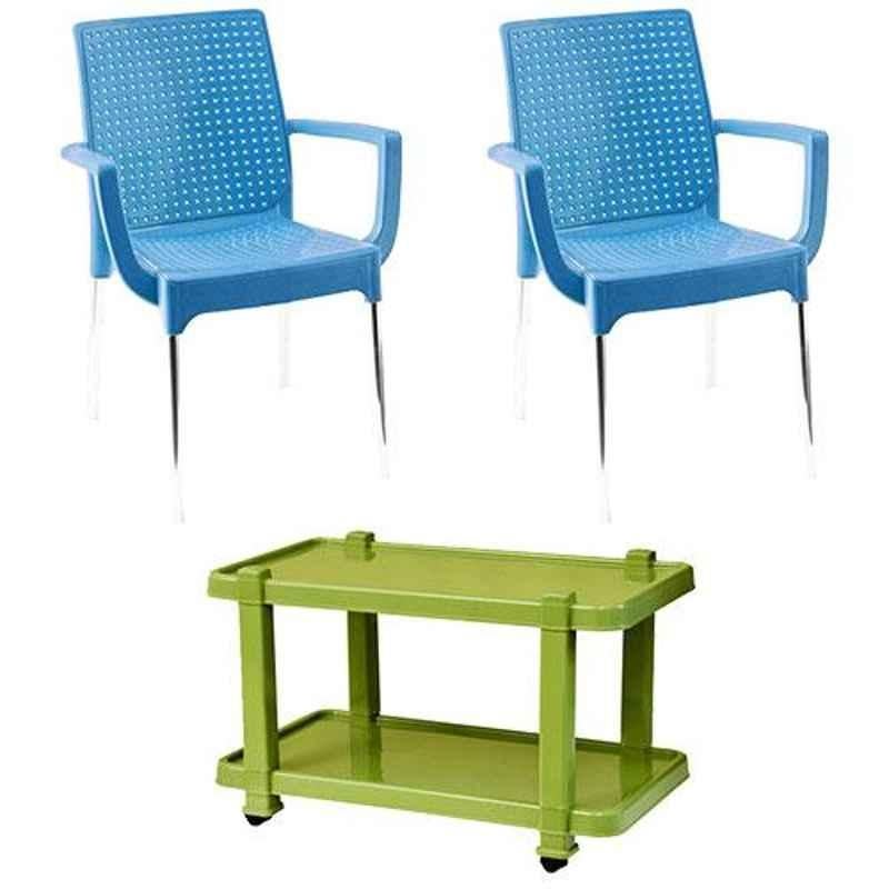 Italica 2 Pcs Polypropylene Light Blue Plasteel Arm Chair & Green Table with Wheels Set, 1215-2/9509
