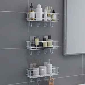 Plantex Stainless Steel Self Adhesive Shelf/Multipurpose Bathroom Shelf with Hooks/Towel Holder/Rack/Bathroom Accessories Set/Bathroom Organiser Without Drill - Pack of 3 (Chrome)