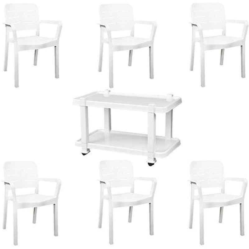 Italica 6 Pcs Polypropylene White Luxury Arm Chair & White Table with Wheels Set, 3015-6/9509