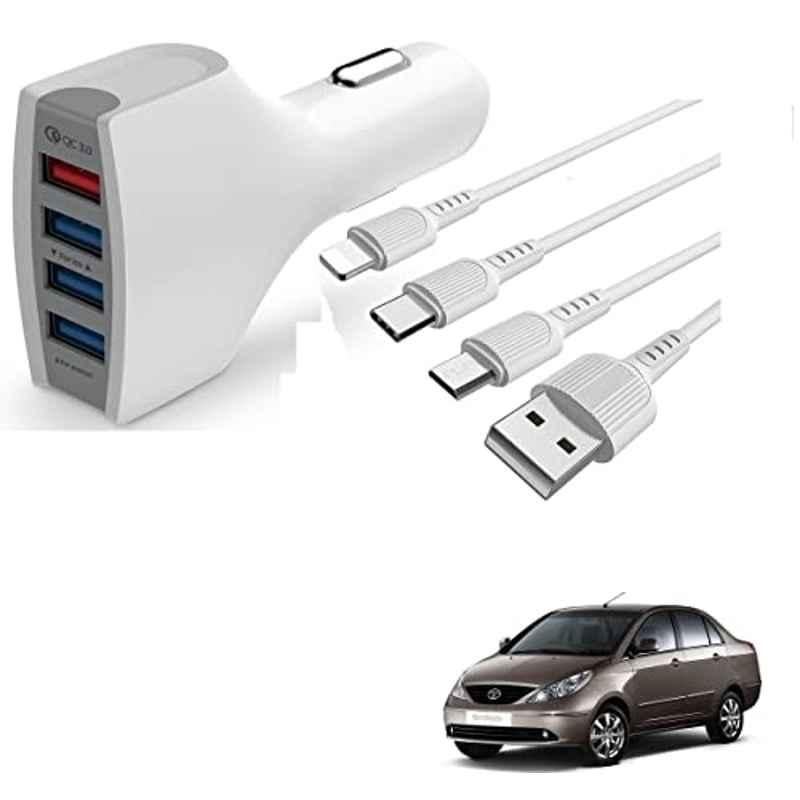 Kozdiko 4 Port USB Car Charger with 3 in 1 Cable for Tata Indigo