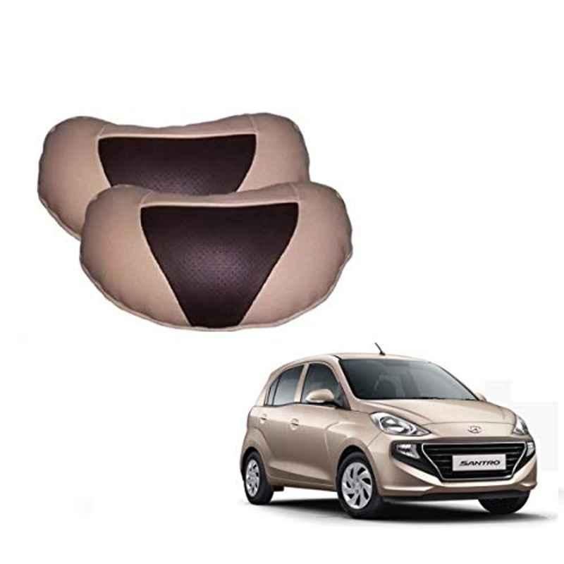 Kozdiko 2 Pcs Beige & Brown Car Neck Rest Cushion Pillow Set for Hyundai Santro 2018