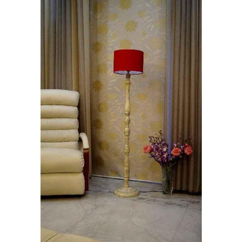 Tucasa White Mango Wood Floor Lamp with Red Drum Polycotton Shade, WF-138