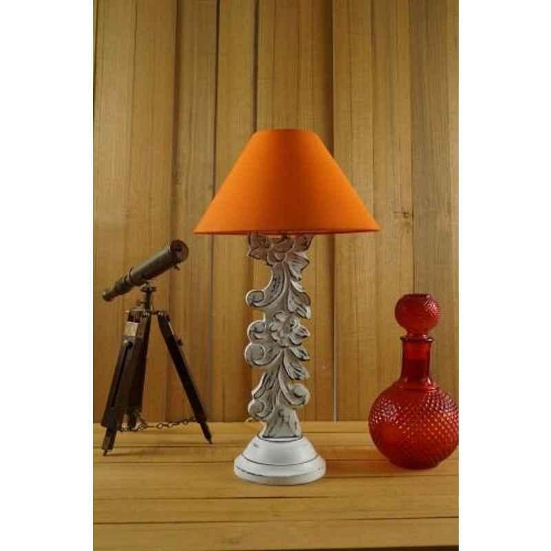 Tucasa Mango Wood Antique White Carving Table Lamp with 10 inch Polycotton Light Orange Pyramid Shade, WL-7