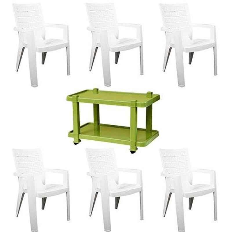 Italica 6 Pcs Polypropylene White Luxury Arm Chair & Green Table with Wheels Set, 2274-6/9509