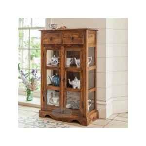 Angel Furniture Solid Sheesham Wood Glossy Finish Brown Tallboy Kitchen Crockery Cabinet, AF-173H