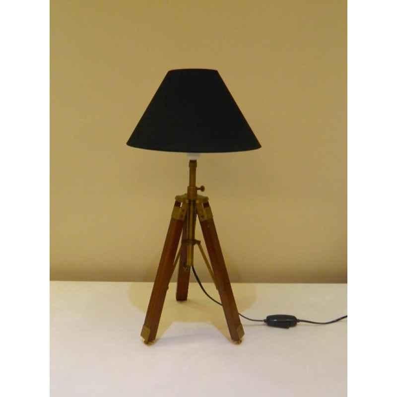 Tucasa Mango Wood Brown Tripod Table Lamp with Polycotton Black Shade, P-68