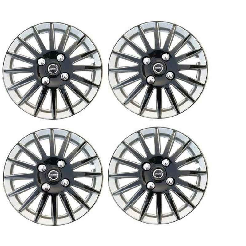 Hotwheelz 4 Pcs 14 inch Glossy Black & Silver Sporty Wheel Cover with Metal Rings Set for Tata Indigo