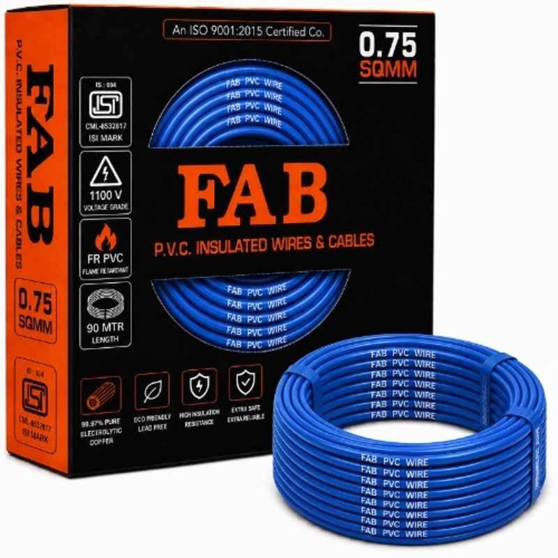 FAB 0.75 Sqmm Single Core Blue FR PVC CCS Copper Insulated House Wire, Length: 91 m