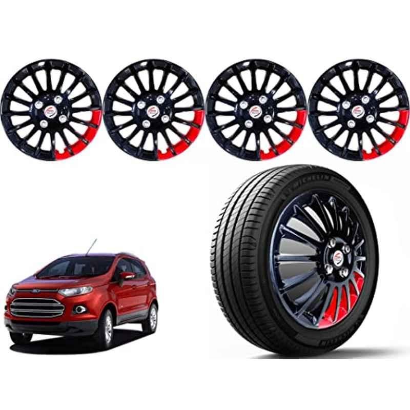 Auto Pearl 4 Pcs 15 inch ABS Black & Red Press Type Car Wheel Cover Set with Retention Ring for Ford Ecosport 2013-2016