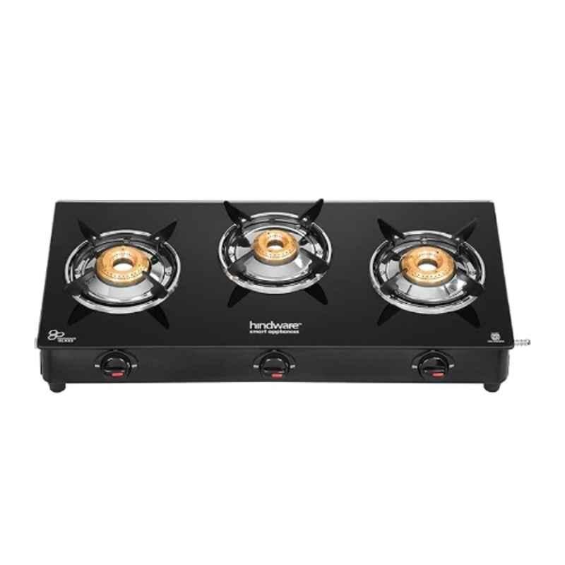 Hindware BRIO Plus 3B Glass Top Cooktop with 3 Brass Burner & Manual Ignition, CT 100096