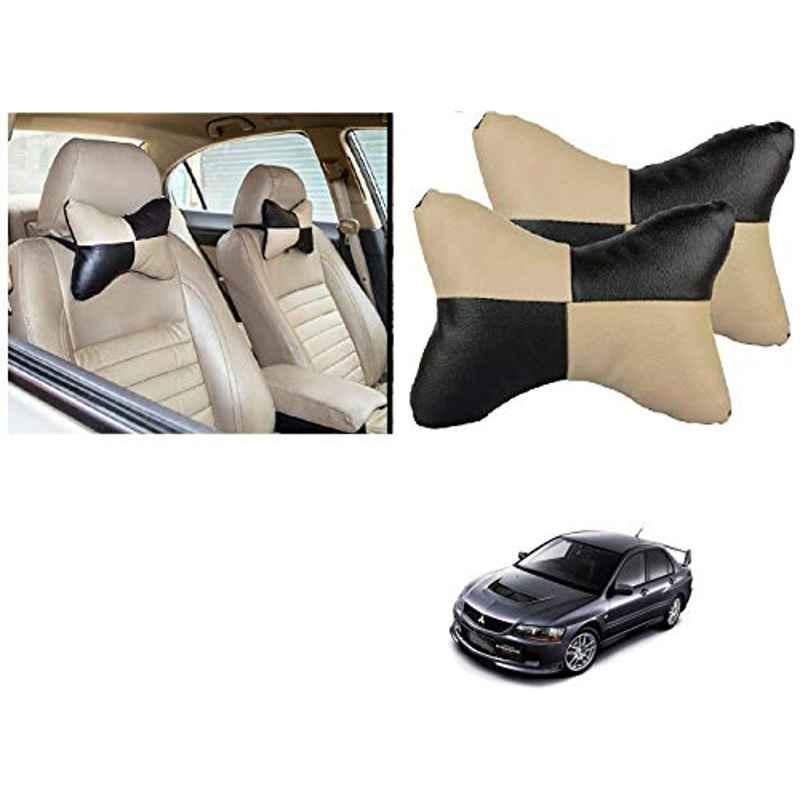 Kozdiko 2 Pcs Black & Beige Car Square Chess Design Neck Rest Seat Pillow Set for Mitsubishi Lancer