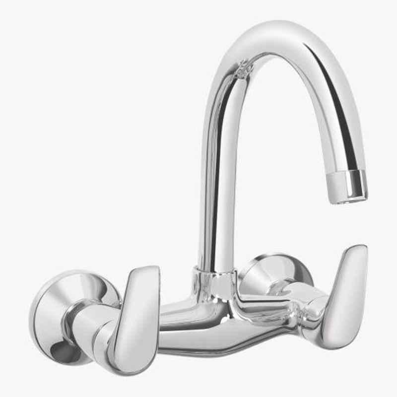 Kerovit Slope Silver Chrome Finish Wall Mounted Sink Mixer with Swivel Spout & Flanges, KB1311024