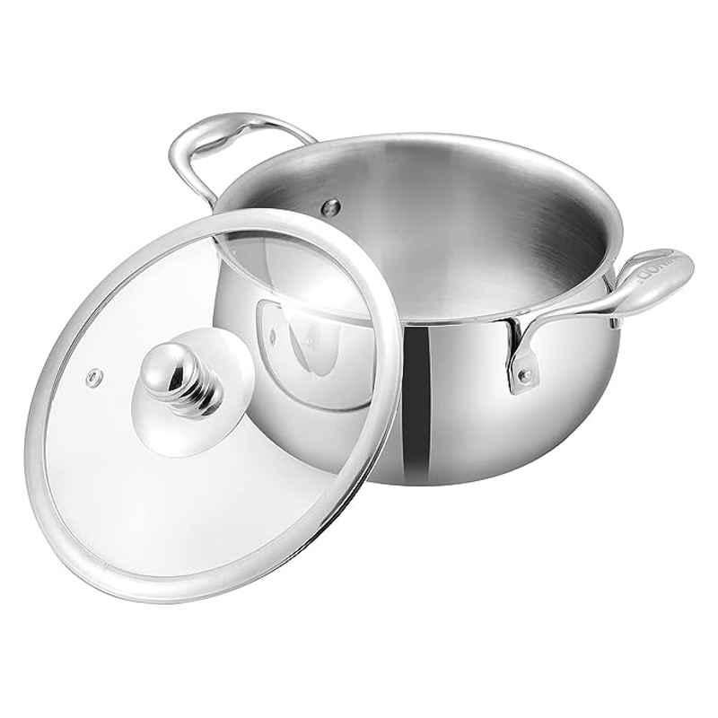 Vinod Platinum Triply 2L Stainless Steel Silver Belly Shape Saucepot with Glass Lid, PSOM16