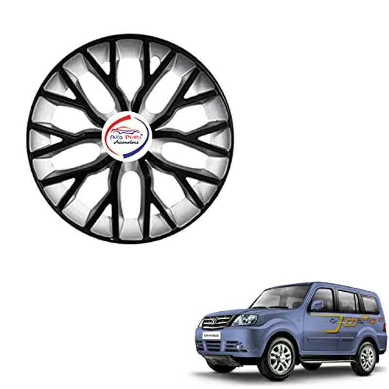 Auto Pearl 4 Pcs 15 inch ABS Black & Silver Hubcap Wheel Cover Set with Retention Ring for Tata Sumo Grande