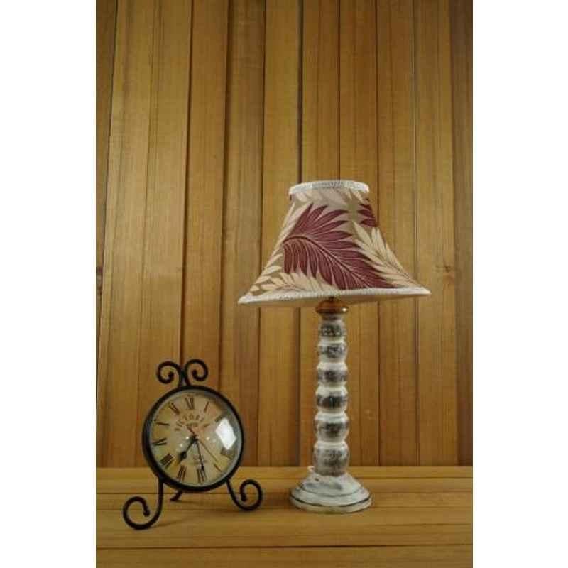 Tucasa Mango Wood Old White Table Lamp with 12 inch Polysilk Maroon Off White Shade, WL-186