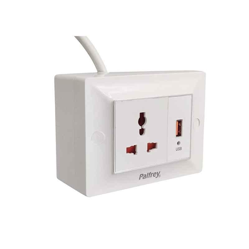 Palfrey 5A Single Socket White Polycarbonate Electric Extension Board with USB Socket & 15m Wire, 3USB15M