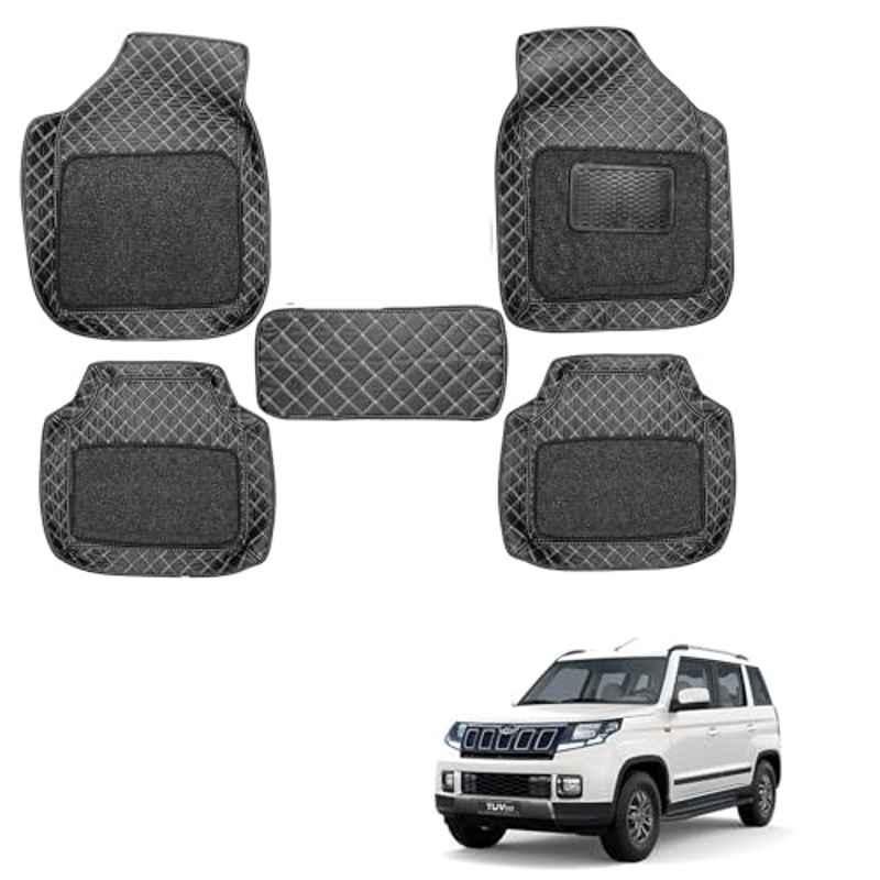 Kozdiko 5 Pcs Waterproof & Luxury 7D Black Leatherette Car Floor Mat Set for Mahindra TUV300