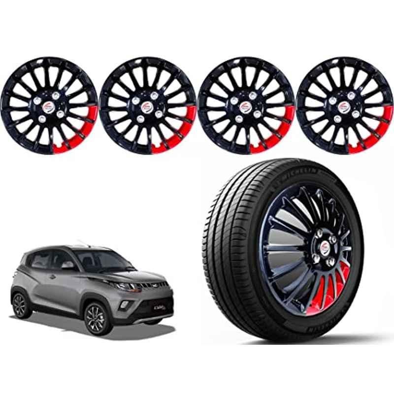 Auto Pearl 4 Pcs 14 inch Polypropylene Black & Red Press Type Car Wheel Cover Set with Retention Ring for Mahindra KUV 100 nxt 2017 Onwards
